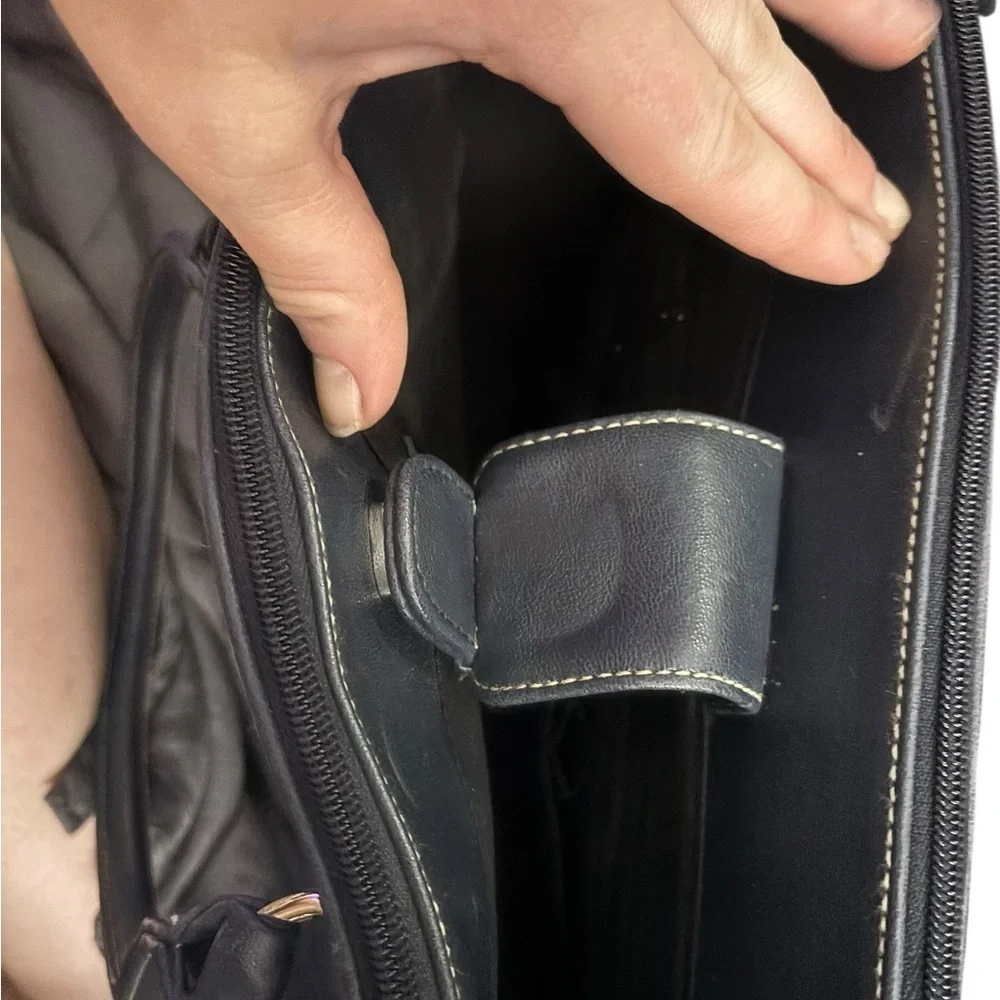 Vintage Chic Navy Faux Leather Satchel with Lots of Storage and Silver Accents - Picture 8 of 16